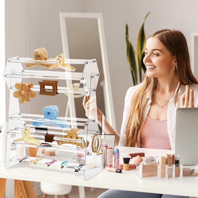 Lineshading 2-tier Acrylic Claw Clip Holder 360 Degree Rotating Claw Clip Organizer Hair Accessories Organizer Storage Display Clear Stand for Women Vanity Dressing Table(Hexagonal Style)