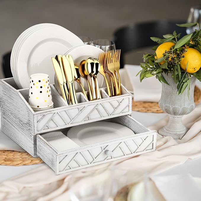 Marsui Paper Plate Dispenser, Wood Rustic Paper Plate Holder for Countertop with Drawer Silverware Utensil Caddy, Cutlery Flatware Organizer for Spoon Fork Napkins Kitchen Parties(Retro Aged White)