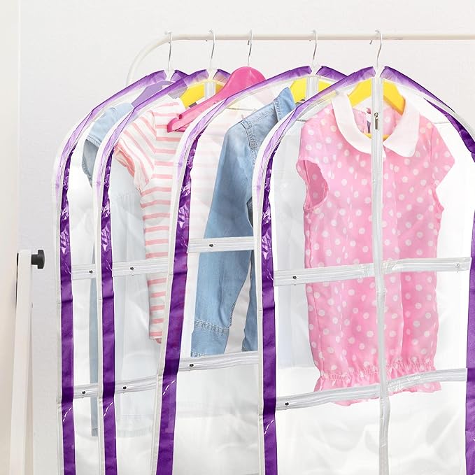 3 Pack Clear Kids Dance Costume Garment Bag Garment Bags for Hanging Clothes, PVC Dance Costume Bags with Rack Organizer with Zipper Pockets for Travel Storage Kids Girls