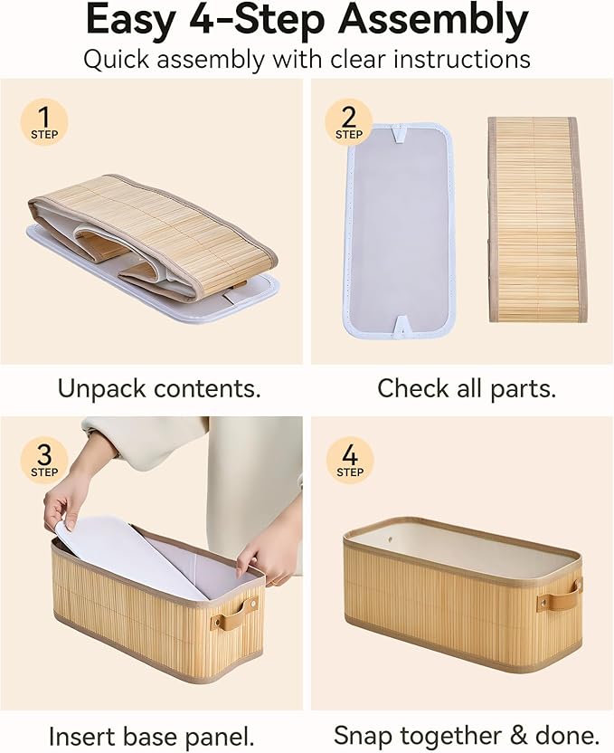 Narrow Storage Bins, Small Basket for Closet and Shelves, Bamboo Toilet Paper Storage Organizer with Handles for Countertop-Bathroom-Home Decor, 4-Pack