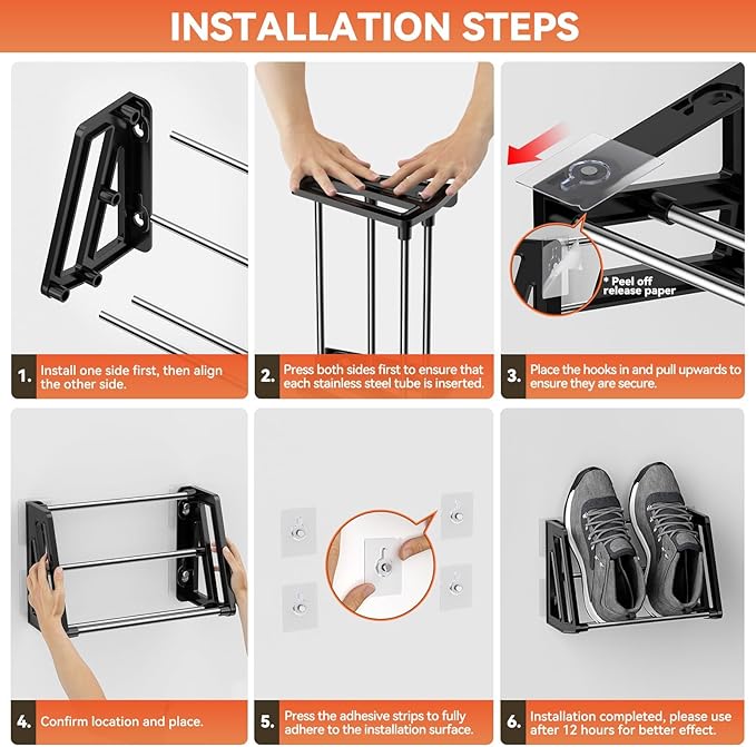 4 Pack Wall Mount Shoe Rack for RV Organization and Storage, Wall Shoe Storage Space Saving Organizer 4 Pairs of Shoes with Sticky Adhesive Strips Slim Shoe Rack for Camper Shoe Hanger Black