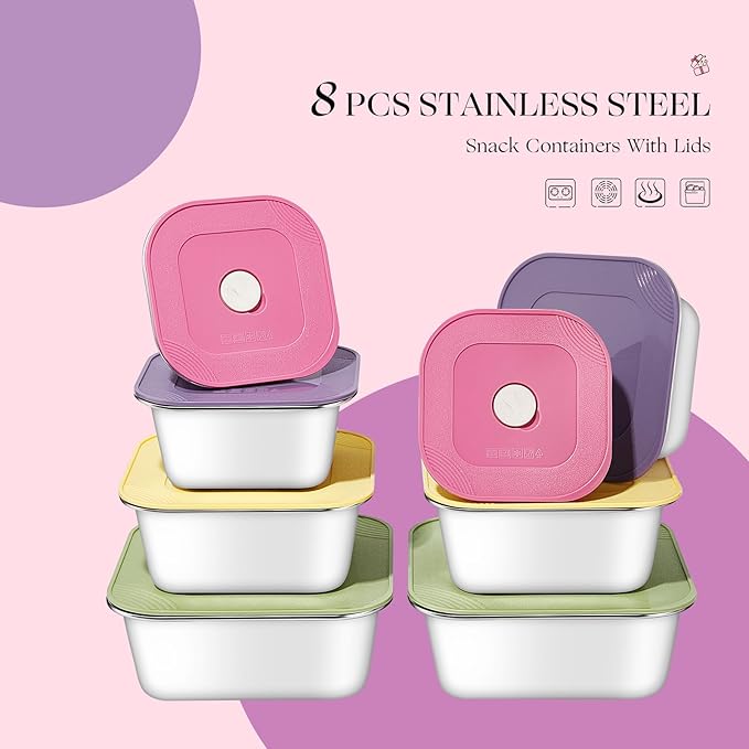 8-Piece Stainless Steel Food Storage Containers Set with 4 Colorful Lids – Airtight & Leakproof for Meal Prep, Lunch, Leftovers – BPA-Free, Dishwasher Safe – Durable Kitchen & Office Organizers