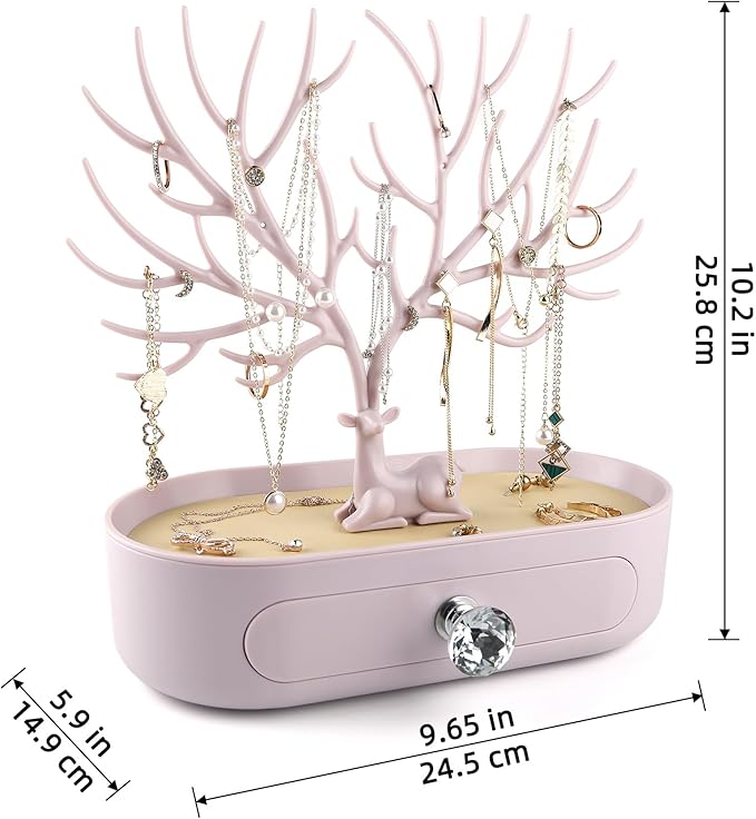 MORE&LESS Antlers Jewelry Display Stand with Drawer and Crystal Handle, Tree Tower Rack Hanging Organizer for Ring Earrings Necklace Bracelet