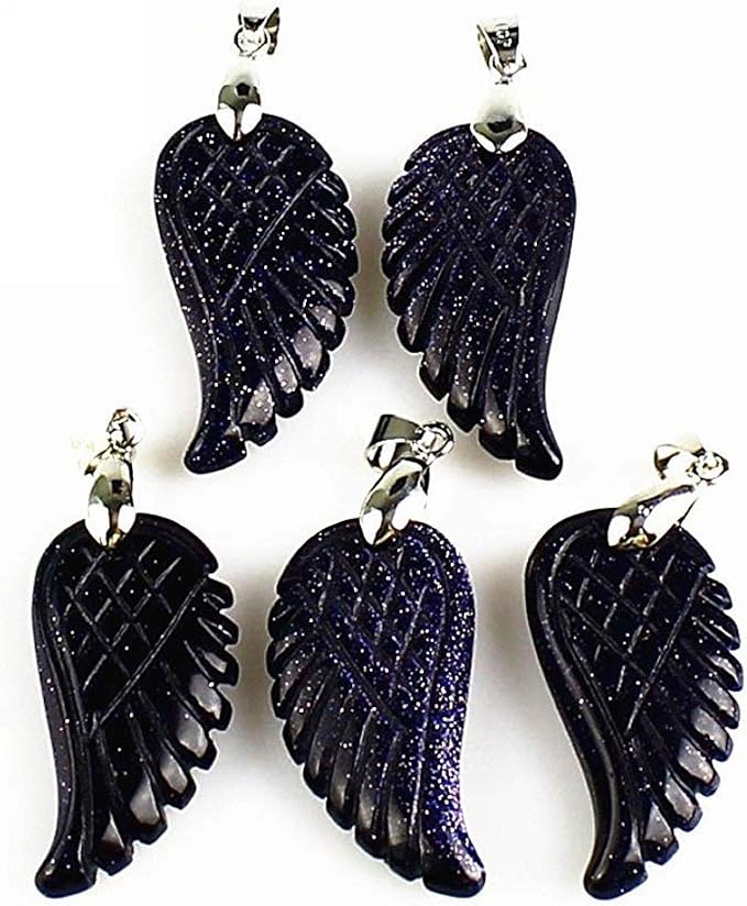 35mm Hand carved mixed gemstom angel wing for necklace pendant bead (blue goldstone)