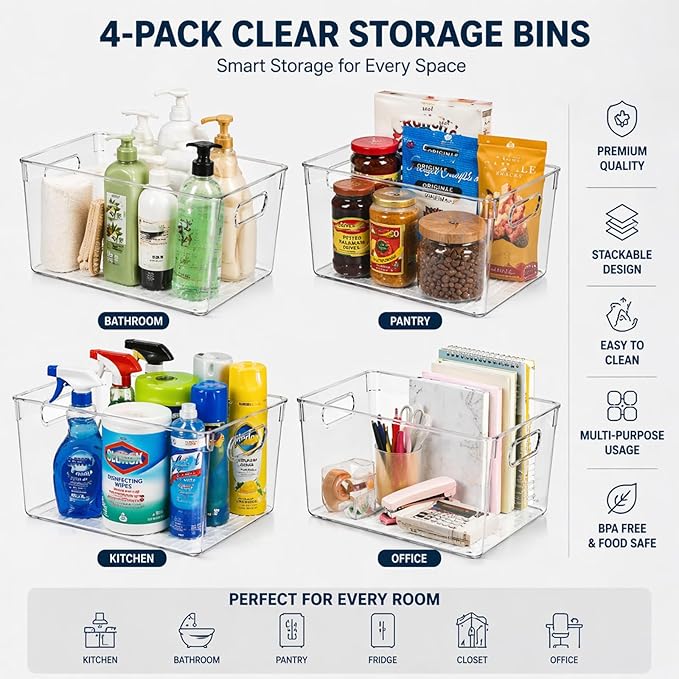 MOONEDGE 4 Pack Open Clear Plastic Storage Bins 11"x8"x6" Stackable Organizer Containers with Handle for Kitchen, Pantry, Fridge, Bathroom,Cabinet,Closet Storage