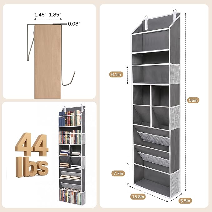 6-in-1 Over Door Hanging Organizer, Versatile Storage Over Door Organizer with 12 Mesh Pockets, 44 lbs Weight Capacity Hanging Storage Organizer for Bedroom, Bathroom,Behind Door,Deep Gray