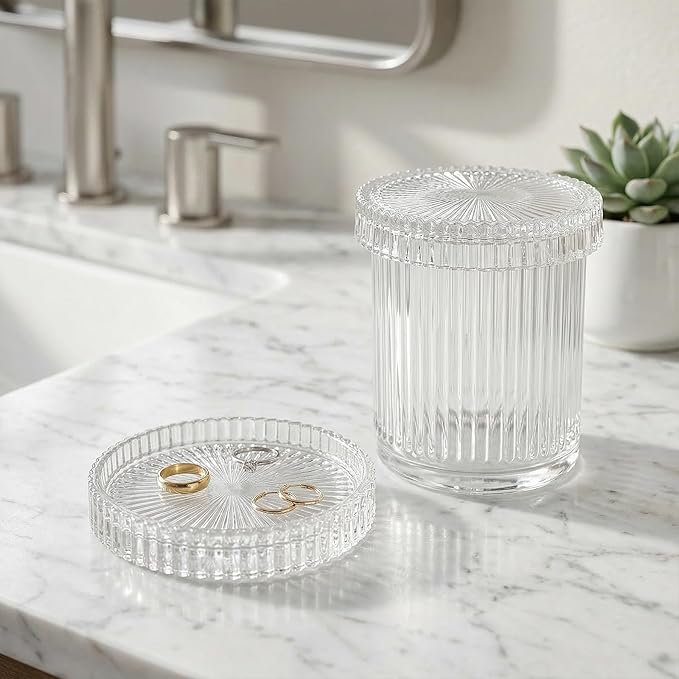 rejomiik Glass Qtip Holder Dispenser 2 Pack, Bathroom Canister Apothecary Jars with Lids, Vanity Makeup Accessories Storage Organizer for Cotton Swabs, Cotton Balls, Pads, Floss Picks, Clear