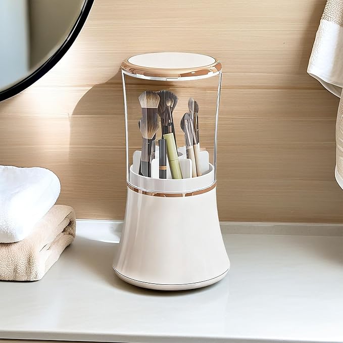 Makeup Brush Holder with Lid Cosmetic Tools Organizer 360 Rotating Waterproof Dustproof Make Up Brushes Storage for Vanity Bathroom Countertop