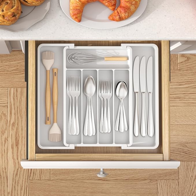 Lifewit Silverware Drawer Organizer, Expandable Utensil Tray for Kitchen, BPA Free Flatware and Cutlery Holder, Adjustable Plastic Storage for Spoons Forks Knives, 8.5-14 x 12", White