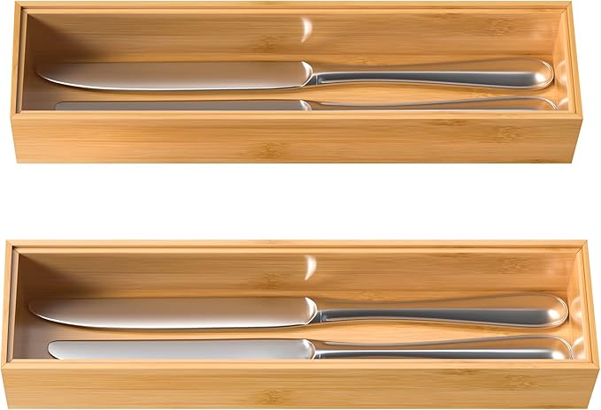 VeyFey Silverware Tray for Drawer, Stackable Kitchen Bamboo Drawer Organizer 12" x 3" x 2" Set of 2