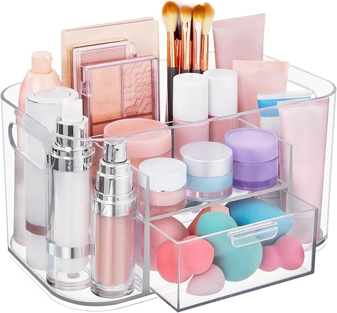 STORi Bliss Clear Makeup Organizer for Countertop, Divided Bathroom Organizer & Storage Drawer, Makeup Brush Holder, Cosmetic & Nail Polish Organizer, Made in USA