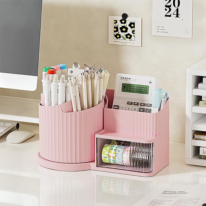 Anyoifax 360 Rotating Makeup Brush Holder Organizer with Drawer 5 Slots Make Up Brushes Cup Flower-Shaped Spinning Pen Holder for Vanity, Cosmetics, Lipsticks, Pink