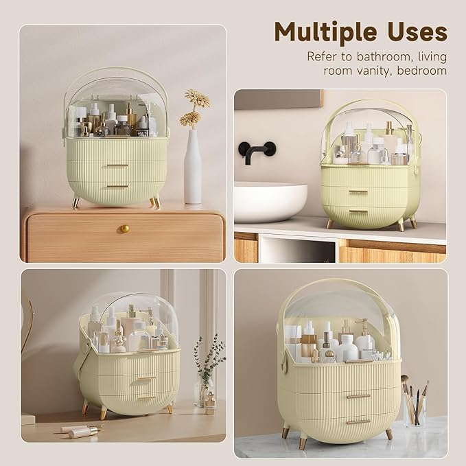 BTGGG Makeup Organizers, Make Up Organizer for Vanity, Countertop Cosmetic Storage with Drawers and Transparent Cover for Bedroom Bathroom, Maize-yellow