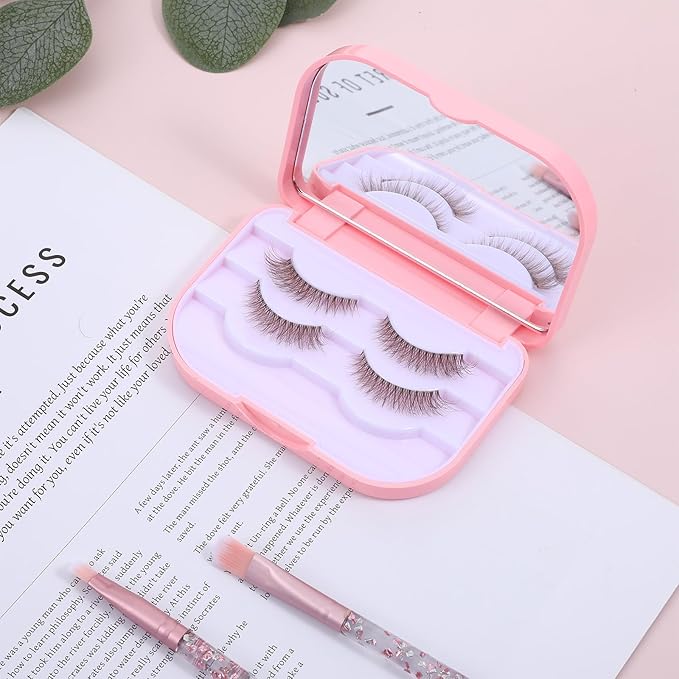 Eyelash Storage Case, 3 Layer Lash Case Makeup Storage Box with Makeup Mirror Empty Travel Cases Cosmetic Organizer Box Fake Eyelash Container Lash Packaging (Pink)