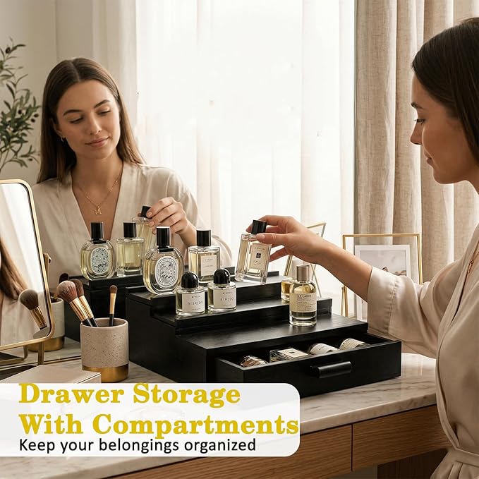 3 Tier Cologne Organizer for Men with Drawer – Solid Wood Perfume Stand Organizer, Wooden Cologne Display Shelf for Dresser, Countertop cologne storage Rack, Mens Cologne Holder, Bathroom Vanity Organizer