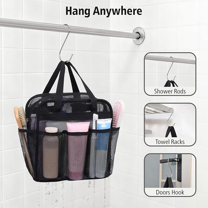 F-color Mesh Shower Caddy Portable with Zipper - Upgrade Deeper 7 Pockets Dorm Room Essentials for Guys Girls with S Hook, Shower Bag Basket Tote for College Camping Toiletry Bathroom, Black