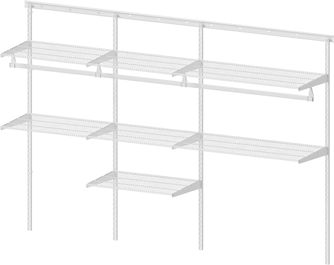 Closet System Wall Mounted 2-7.5 Ft, Heavy Duty Adjustable Wire Shelving with Hanging Rod, Custom Organizer Kit for Bedroom Laundry Mudroom, White