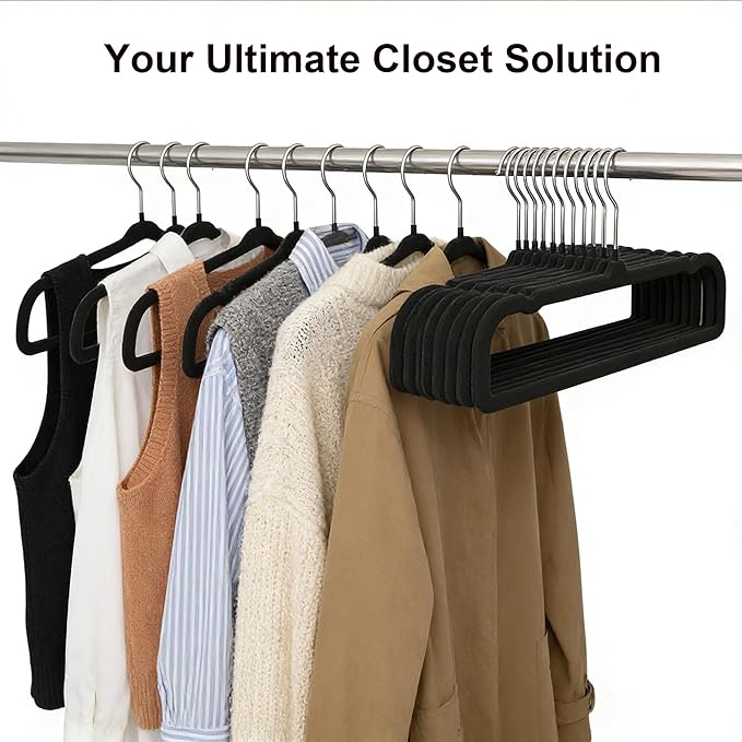 60 Pack Black Velvet Pants Hangers, Flocked Pants Hangers, Felt Clothes Hanger Heavy Duty Non Slip, Space-Saving Clothing Hanger with 360 Swivel Hook for Coat Jeans Shorts Skirts Tank Top