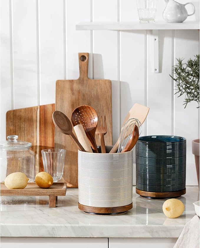 Utensil Holder, 360° Rotating Extra Large Ceramic Kitchen Utensil Holder for Countertop, 7.3“ Cooking Utensil Crocks for Kitchen Counter with Rotatable Wooden Base, Farmhouse Decor, Dusty Blue