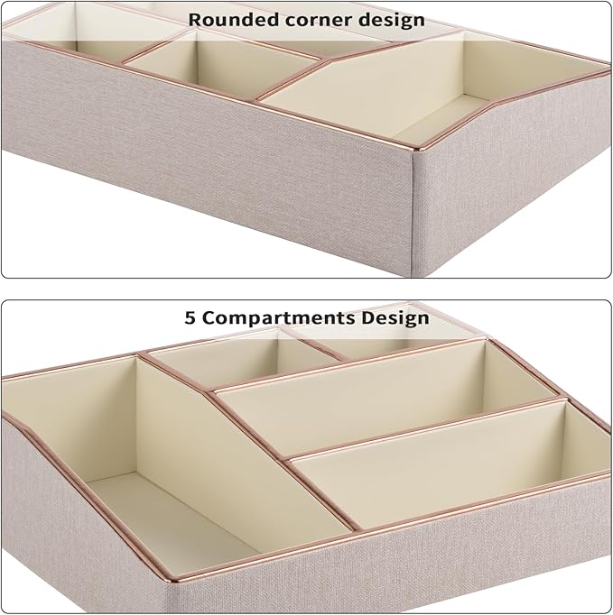 PU Leather Makeup Organizer Tray,Large Vanity Organizer,Cosmetic Storage Box for Lipstick Brushes Skincare Perfume,Cosmetic Display Case Rose Gold-trimmed for Dresser,Bathroom Countertop(Beige)