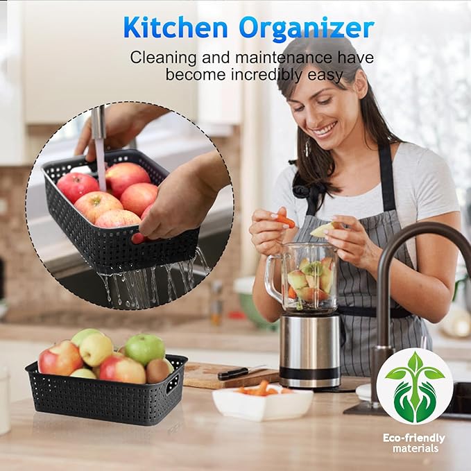 FUCDTEFC Black Plastic Basket, 8 Pack Home Organization and Storage Baskets with Handles, Space Saving Woven Organizer Bins Plastic Storage Basket for Organizing Cabinets,Closets, Shelves, Countertops