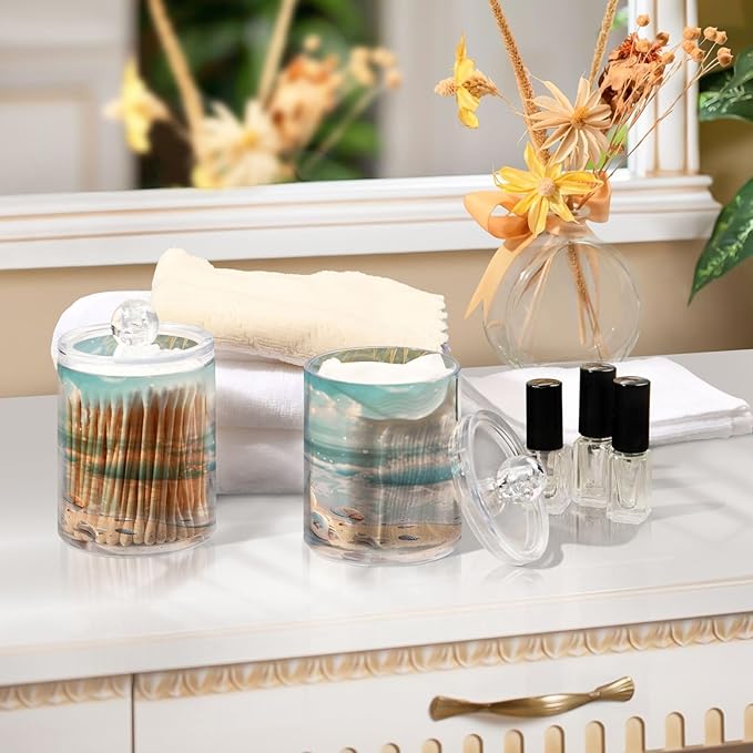 2 Pack Qtip Holder Dispenser Beach Seashell Pattern 10 Oz Bathroom Organizer with Lids Storage Canister for Cotton Ball,Cotton Swab,Cotton Round Pads,Floss