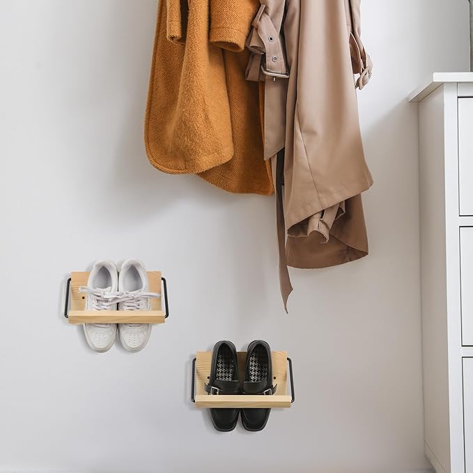 Mifoci 2 Pcs Wall Mounted Shoe Rack Organizer Wooden Modern Compact Wall Space Saving Shoe Holder Storage for Sneaker Footwear Slipper Boots Entryway Narrow Spaces Hallway(9.84'' Long)