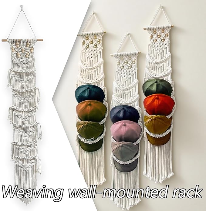 Baseball Hat Organizer,Hat Holder on Wall, Decorative Boho Macrame Hat Rack for Wall to Display Your Baseball Caps Collection