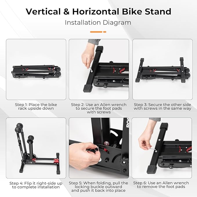 ROCKBROS Bike Stand 2-in-1 Vertical & Horizontal Bike Stand Floor Foldable Adjustable Bike Parking Rack for 24" -27.5" Mountain Road Bike Indoor Storage Garage