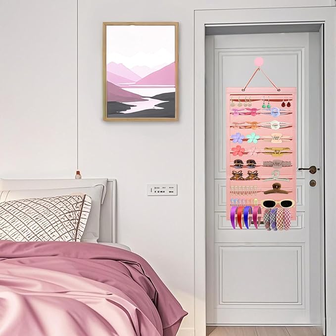 Hanging Hair Claw Clips Organizer, 31.4 x 12 inch Hair Clip Organizer for Women for Closet and Wall Option for Fashion Lovers and Home Organizers (Pink)