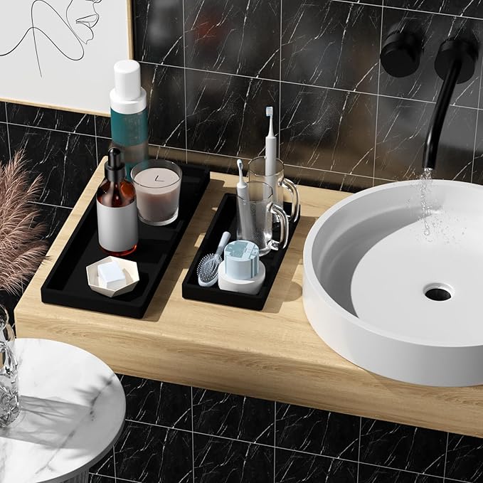 BBK Bathroom Vanity Tray- 2 Pack (7.8" and 11.8") Silicone Bathroom Tray for Counter, for Perfume Key Trinket Ring Soap Organization - Black