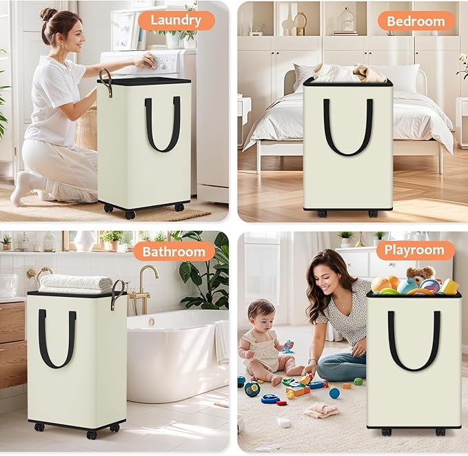 SpaceTrove Laundry Basket with Wheels, Collapsible Laundry Baskets, Laundry Hamper with Handles Detachable Wheels, Rolling Laundry Basket, Dirty Clothes Hamper for Bathroom, Dorm, Bedroom, Cream, 100L
