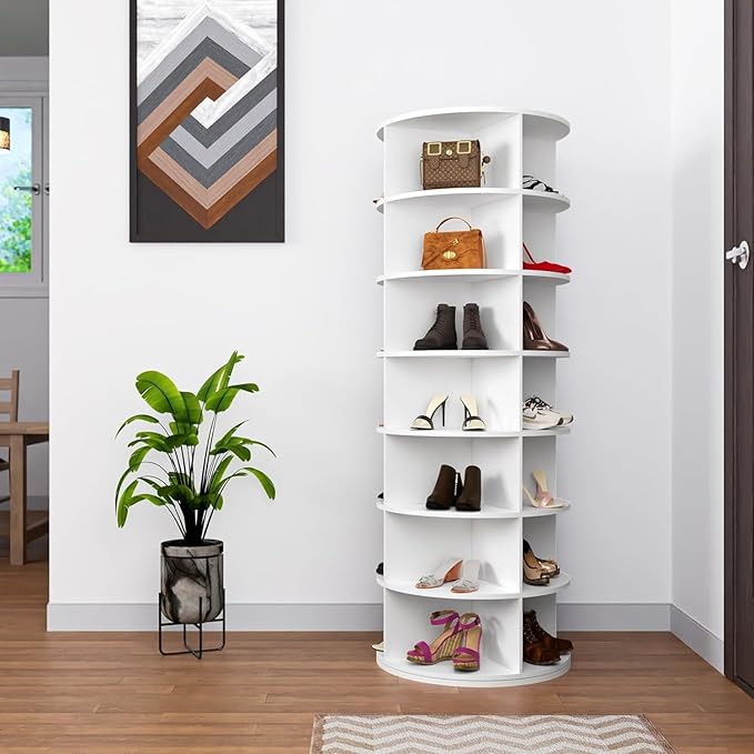 Ywin Rotating Shoe Rack Tower, Free Standing 360°Spinning Shoe Organizer, Vertical Handbag Rotate Shoes Closet Organization (7 Tier)