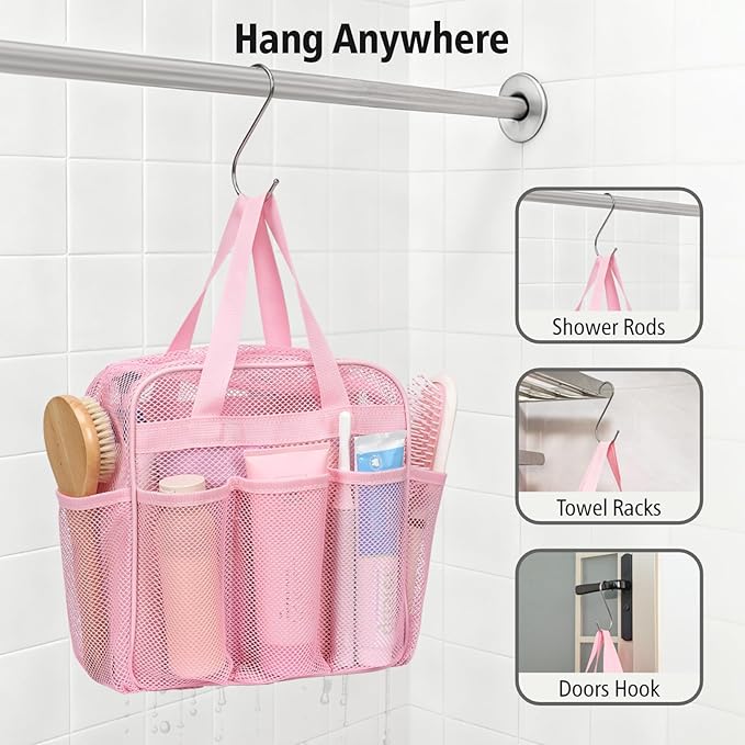 F-color Mesh Shower Caddy Portable with Zipper - Upgrade Deeper 7 Pockets Dorm Room Essentials for Guys Girls with S Hook, Shower Bag Basket Tote for College Camping Toiletry Bathroom, Pink