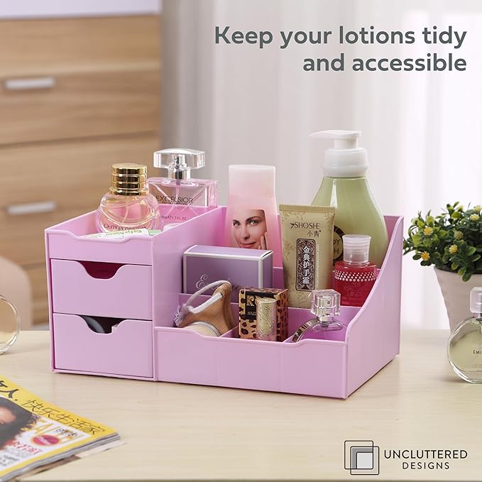 Uncluttered Designs Makeup Organizer With Drawers - Modern Countertop Storage for Cosmetics - Chic Vanity Holder for Perfume, Skincare, Brush, Lipstick, Nail Polish Organization & Display (Purple)