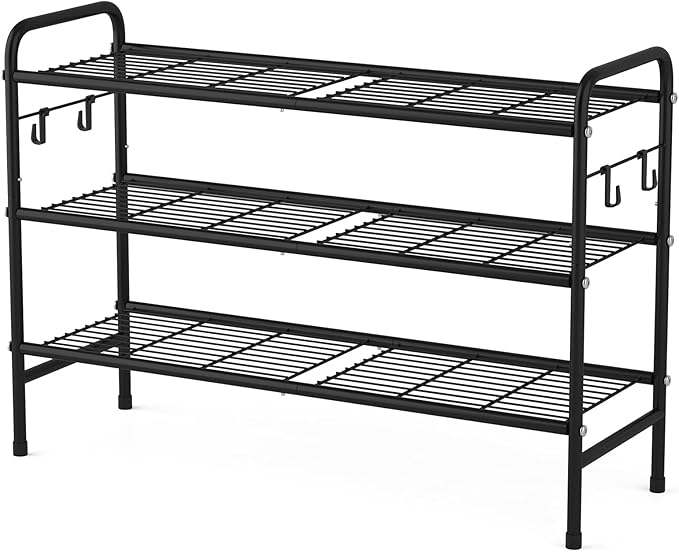 VILICK 3 Tier Shoe Rack 33" Wide Metal Shoe Organizer Long Shoe Storage with 4 Side Hooks Sturdy Shoes Shelf for Front Door Entrance, Closet, Garage, Dorm, Black