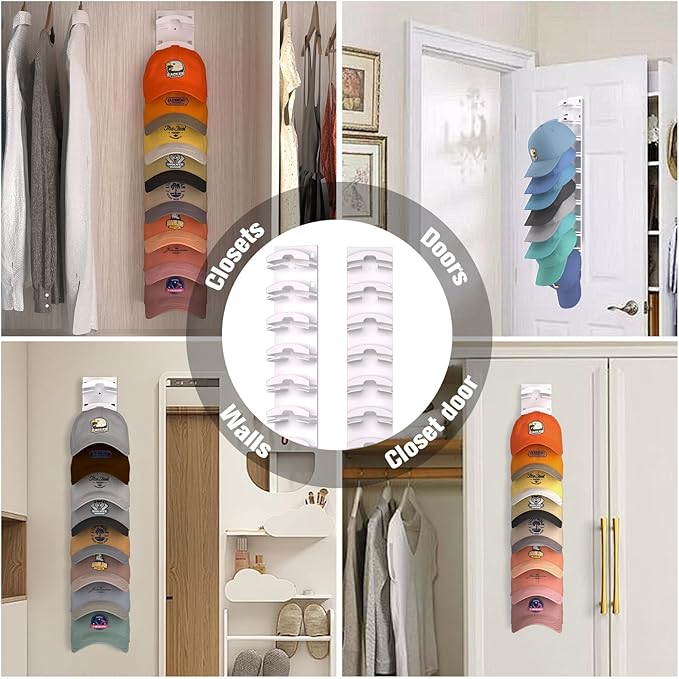 2 Pack Hat Organizer for Baseball Caps, Hat Rack for Wall with Strong Adhesive, Hold Up to 20 Hats, Hat Rack for Door Closet, Multi-Tier Hat Organizer, Two Mounting Options (White)