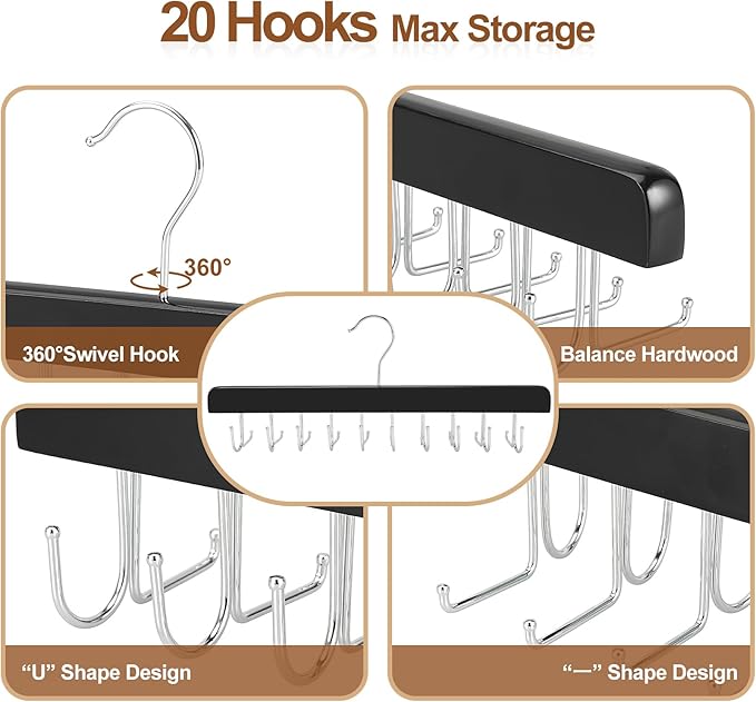 TOPIA HANGER 2 Pack 2 in 1 Belt Tie Hanger for Closet Max 60 Belts with 60 Ties Capacity, 40 Hooks Belt Tie Racks Wooden Hanger for Closet Organizer Storage “U” Fit Belt and “一” Fit Tie - CT52B