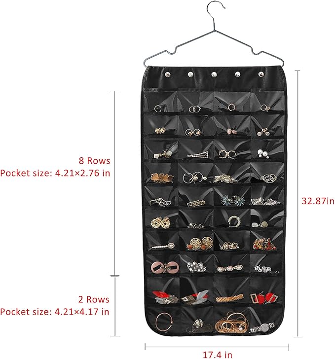 Hanging Jewelry Organizer, Double-Sided 80 Pockets (40 Front + 40 Back), Closet & Hook Jewelry Storage, for Earrings, Necklaces, Bracelets, Rings & Pendants, Black