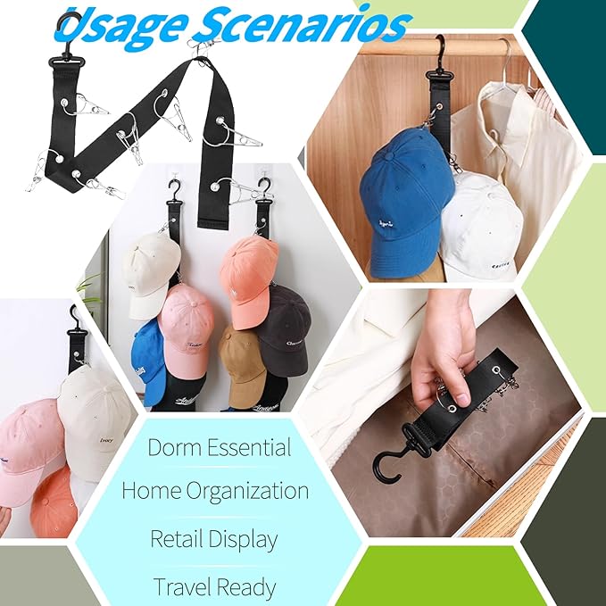 Hat Organizer Baseball Caps Rack Hangers 2PCS Door Hat Racks with 8 Stainless Steel Clips Cap Wall Holder Closet Storage Organizer Over Door Wall Caps Storage Hangers Black