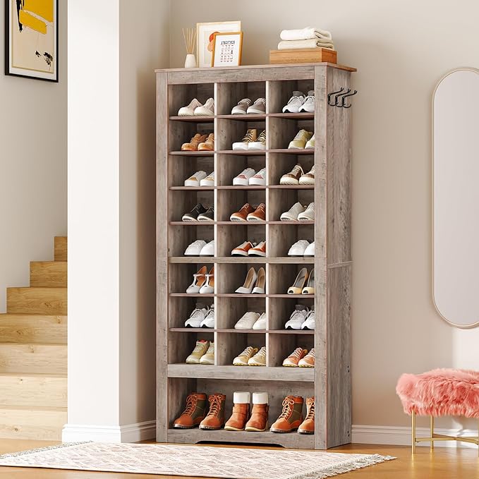 HOOBRO Tall Shoe Cabinet, 9 Tier Shoe Storage Cabinet, Freestanding Wooden Shoe Cabinet Organizer with 24 Cubbies and 3 Hooks, for Entryway, Closet, Living Room, Greige BG24SC01