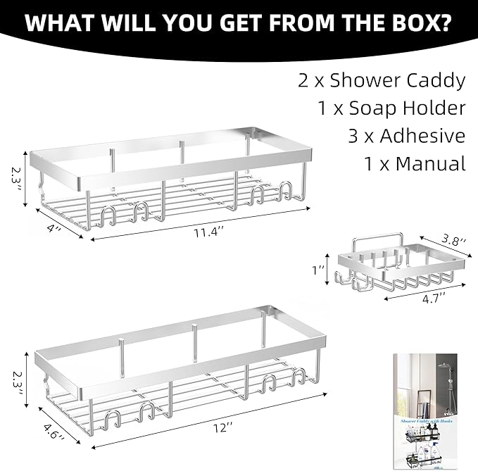 Moforoco 3-Pack Shower Caddy Basket Shelf with Soap Holder, No Drilling Traceless Adhesive Shower Wall Shelves, Rustproof Silver Bathroom Shower Storage Organizer