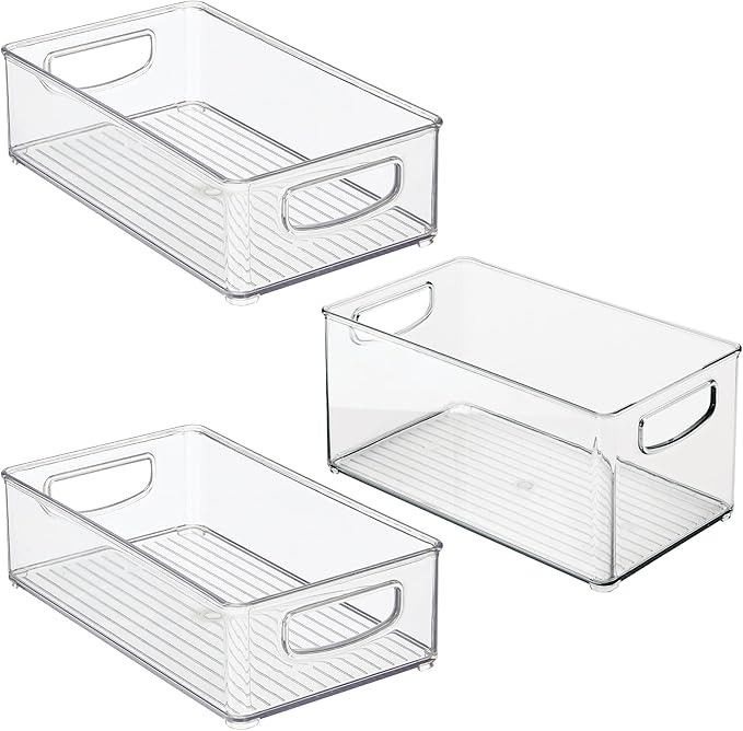 iDesign Stackable Pantry Bins with Handles, 2 Small Bins and 1 Medium Bin, 3 Pack, Clear, Made in USA