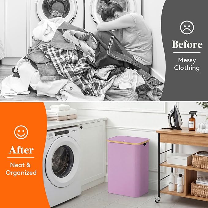 Lifewit 80L Laundry Basket with Lid, Clothes Hampers for Laundry with Bamboo Handles and 1 Removable Bag, Large Foldable Laundry Hamper for Bedroom, Bathroom, Dorm, Laundry Room, Purple