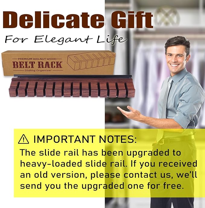 14 Belts Walnut Wood Belt Holder with Slide, Left or Right Slide Flexible Install Belt-Rack, Belt Hanger for Closet, Space Saving Belts Storage Organizer, Gift for Men