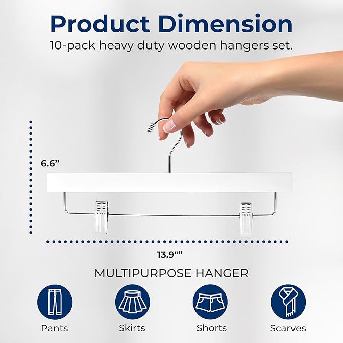 SereneLife 10 Pack Skirt and Pant Hanger with Adjustable Non-Slip Steel Clips, Premium Wooden, 360° Swivel Hook & 10 lb Capacity – Space-Saving Heavy-Duty Hangers for Jeans, Shorts & Slacks (White)
