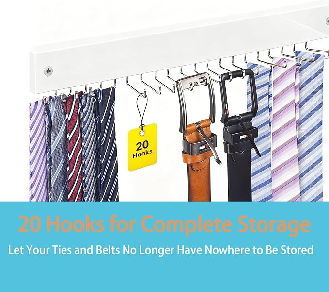 Wall-Mounted Belt and Tie Hanger, Wood Space-Saving Belt Rack with 20 Rotating Hooks - Multi-Functional Closet Organizer for Ties, Belts, Scarves & Accessories