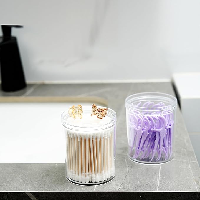 SheeChung 2-Pack Stackable Clear Qtip Holder - 10oz Crystal Apothecary Jars with Storage Lids - Clear Plastic Bathroom Countertop Organizer for Cotton Balls, Swabs, Pads - Pinterest Style Decor