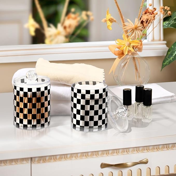 ALAZA 4pcs Black White Checkered Plaid Qtip Holder Dispenser 14 oz Bathroom Storage Clear Apothecary Jars Containers Cotton Ball,Cotton Rounds,Floss Picks, Hair Clips, Food