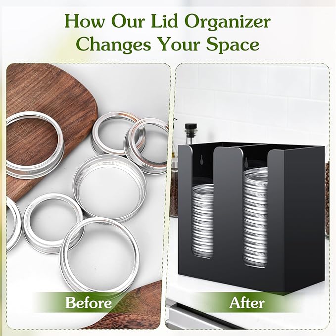 Black Mason Jar Lid Organizer (Wide Mouth & Regular Mouth) 2 Compartment Cup Dispenser Organizer Ball Jar Wooden Storage Accessories for Kitchen Coffee Tumbler Lids, Fit Mason/Canning/Bamboo Lids